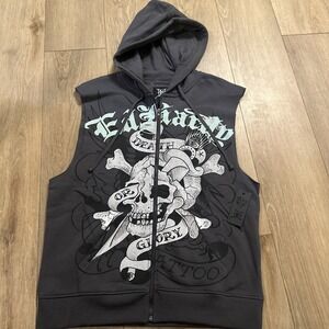 Ed Hardy Y2K Zip Hoodie Mens Cut Off Charcoal Zip Death Or Glory Skull Retro NEW